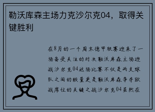 勒沃库森主场力克沙尔克04，取得关键胜利