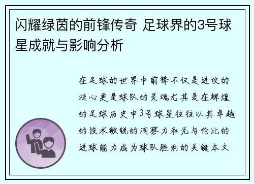 闪耀绿茵的前锋传奇 足球界的3号球星成就与影响分析